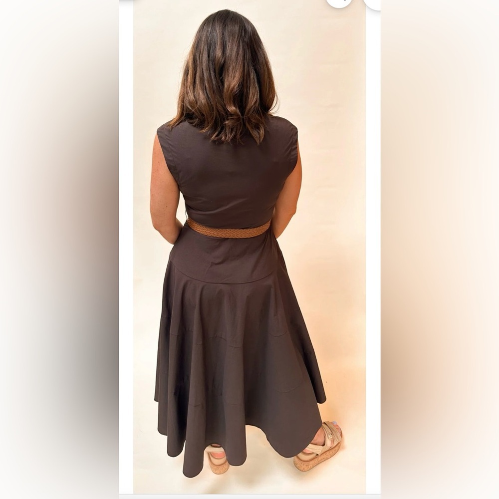NWOT- Taylor cocoa poplin sleeveless belted midi dress - Picture 5 of 11